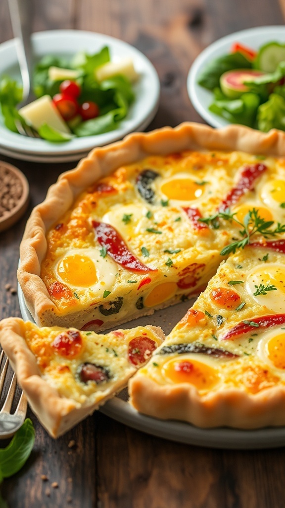 A golden-brown quiche filled with vegetables and cheese, garnished with herbs, on a wooden table.
